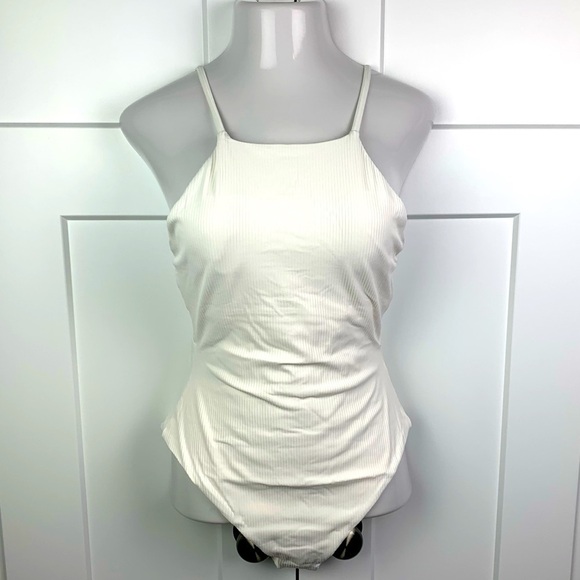 NWT Andie Swim Ivory Asbury Ribbed One Piece Swimsuit Large High Neck - Picture 1 of 6